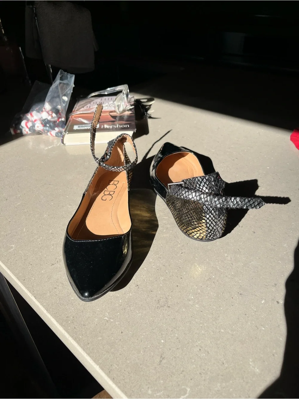 BCBG Black Patent Pointed Toe Flats with Metallic Snakeskin Ankle Strap